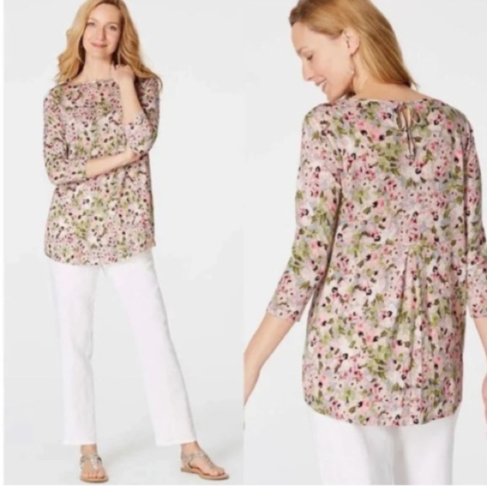 J Jill Womens Size M Linen Romantic Cottage Spring Floral 3/4 Sleeve Blouse Top